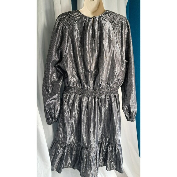 LOFT Women’s Silver Metallic Shimmer Smocked Flounce Dress Size Med - Picture 3 of 11